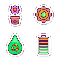 Eco-friendly icons a plant, recycling drop, gear, and battery representing sustainability and green energy