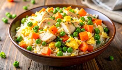 Colorful chicken fried rice with eggs, carrots, and peas served in a bowl, captured in bright and appetizing food photography.