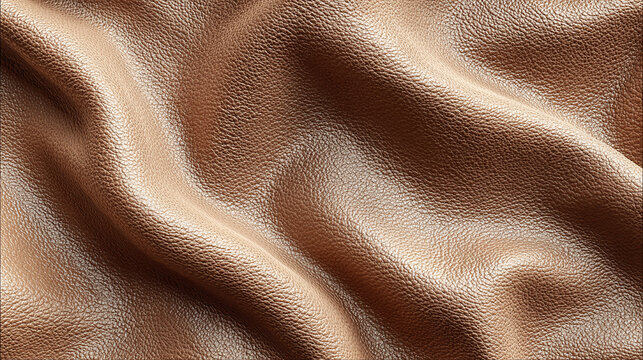 A close-up shot captures the texture and sheen of beige leather. The fabric is draped, creating soft folds that catch the light, revealing a smooth, luxurious surface