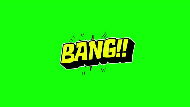 Comic book style bang sound effect animation on a green screen with explosion effect