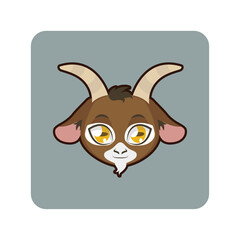 Cute cartoon goat head with horns and big yellow eyes, an adorable farm animal illustration