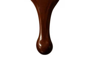 Chocolate syrup flowing with a single drop falling, presenting a sweet and decadent ingredient for desserts on a transparent background
