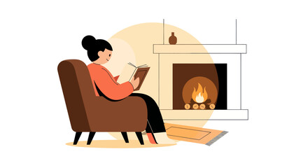 A person in a cozy chair reads by a warm fireplace with a burning flame. A rug lies on the floor