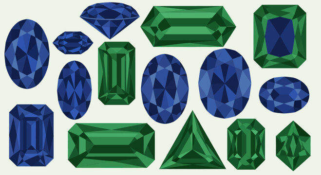 Assorted vibrant gemstones in various geometric cuts, showcasing blue and green hues, arranged on a cream background