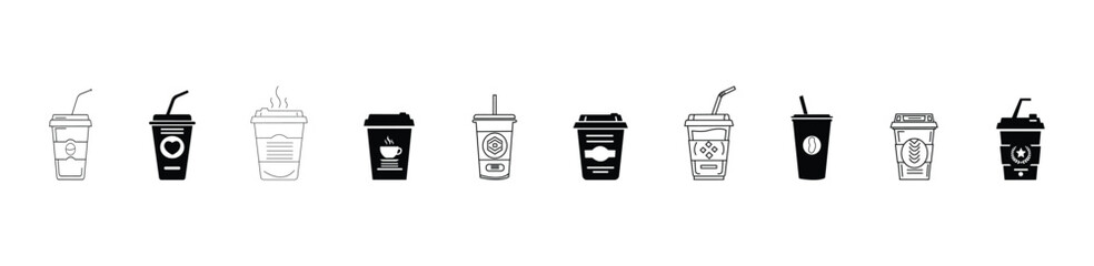 Coffee cup icon set. Hot and cold takeaway drink cups with straw, lids, espresso, latte, cappuccino symbols. Outline and solid beverage vector design collection.