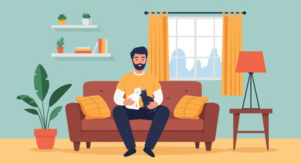 Obraz na płótnie Canvas A bearded person sits on a couch, holding two cats. A lamp, window, plants, and shelves are in the cozy living room
