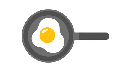 A sunny-side-up egg cooks in a gray skillet against a white backdrop. The pan is viewed from above and has a long handle