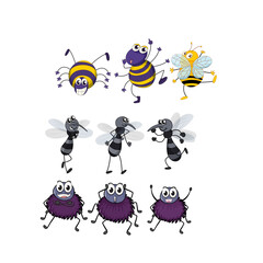 Set of cartoon spiders and flies, cute and colorful vector illustrations for children's educational content