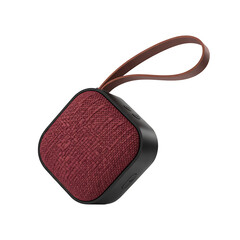 Small square red textured speaker with leather strap isolated on transparent background