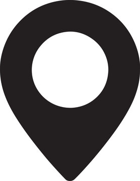 Black silhouette of a location pin icon on a white background Keywords: location, pin, map, marker, G