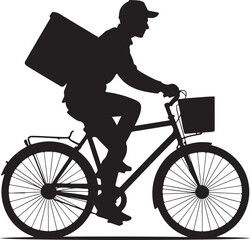 Silhouette of a delivery person riding a bicycle with a large box