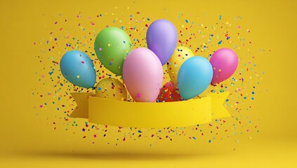 Colorful balloons and confetti celebration on golden background