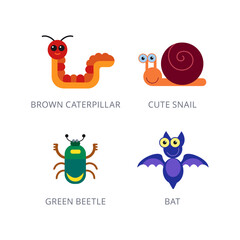 Collection of cute cartoon insects and bugs like a caterpillar, snail, beetle, and bat, perfect for kids