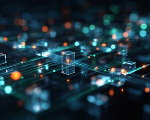 Futuristic data network with glowing connections and digital cubes