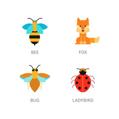 Collection of Stylized Insect and Mammal Icons Bee, Bug, Ladybug, and Fox Illustrations