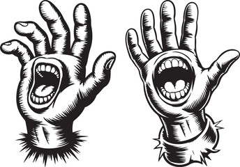 screaming monster hand illustration set with surreal horror cartoon details