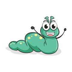Cute cartoon caterpillar character smiling with arms raised in a joyful celebration, illustration