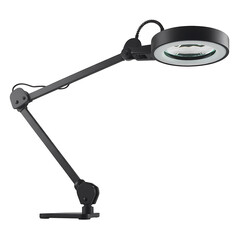 Modern black magnifying lamp with adjustable arm and led ring light isolated on transparent background