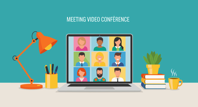 Modern workspace showing diverse team video conferencing online meeting with remote colleagues on computer screen