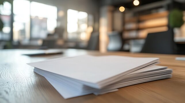 Professional stack of clean white papers waiting on a stylish wooden desk in a bright, contemporary office for important work and documentation.