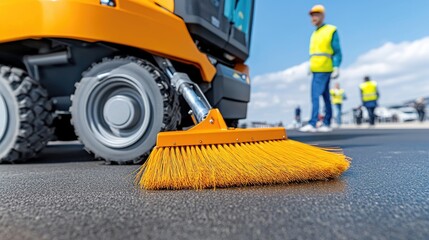Close-up view of street cleaning machinery in action on a sunny day with pedestrians strolling nearby