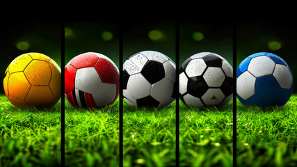 Collection of vibrant soccer balls on green grass showcasing colors and designs during a sunny day