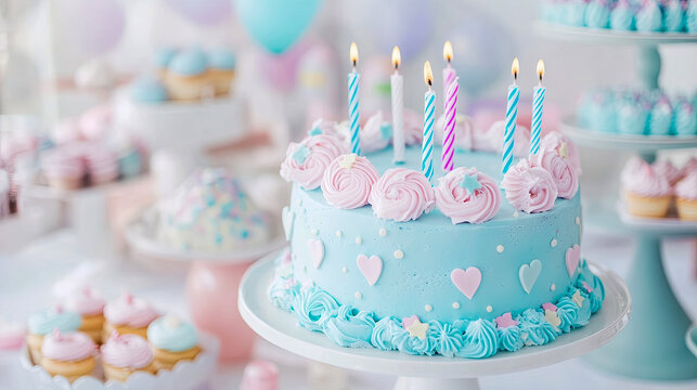 Charming pastel blue birthday cake with glowing candles, pink meringue rosettes and heart accents, surrounded by blurred background of festive dessert table treats and party balloons - Powered by Adobe