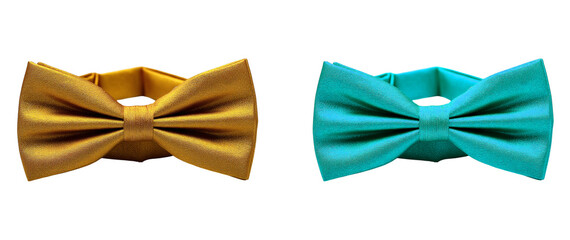Two shiny bow ties in gold and teal against a black studio background shot on transparent background