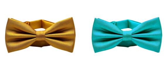 Two shiny bow ties in gold and teal against a black studio background shot on transparent background