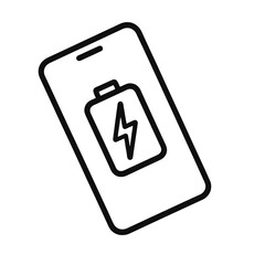 Thin-line angled smartphone with charging battery symbol, transparent PNG, ideal for power management, battery status and device optimization UI.