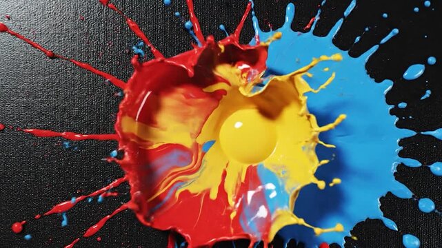 Vibrant red and blue liquid splashes collide in slow motion capturing a bright yellow sphere