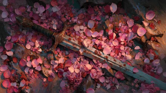 Ornate sword resting among pink petals on rustic ground