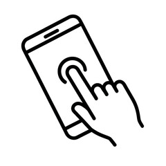 Minimal black tilted phone with touch symbol, fine-outline vector, no shading, perfect for UX flow, app navigation and interface engagement tools.