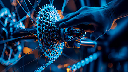 Professional mechanic's gloved hand meticulously works on high-performance bicycle's rear cassette and derailleur under striking blue ambient light, emphasizing precision maintenance.