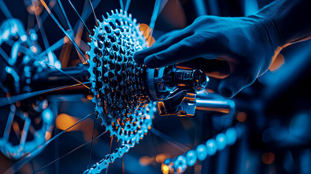 Professional mechanic's gloved hand meticulously works on high-performance bicycle's rear cassette and derailleur under striking blue ambient light, emphasizing precision maintenance.