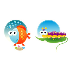 Adorable cartoon illustration of a happy orange fish and a cute purple caterpillar for kids