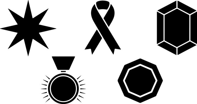 Set of achievement icons representing star ribbon gem prize and octagon in minimal black and white design for business