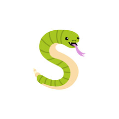 Cute Snake Shaped Like the Letter S with Light Green and Tan Stripes, and a Purple Tongue