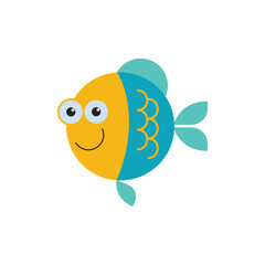 Adorable smiling yellow and blue fish character, a simple and cheerful aquatic animal graphic illustration