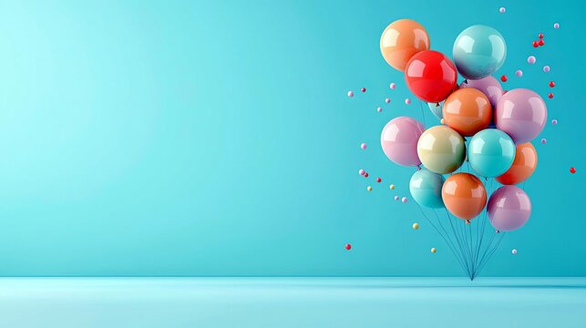A vibrant bunch of multicolored balloons drifts upwards against a solid blue backdrop, with small, colorful confetti pieces scattered around.