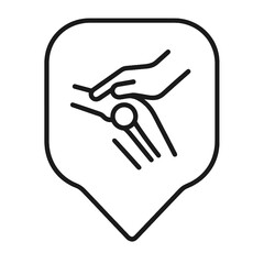 Minimal black tilted therapy hand on joint symbol within treatment-style marker, fine-outline vector, no shading, perfect for orthopedic recovery and physical support UI.