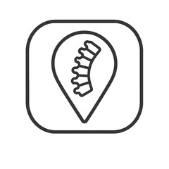 Thin-line angled spine icon inside rounded medical pin, transparent PNG, ideal for orthopedic diagnostics and spinal therapy dashboards.