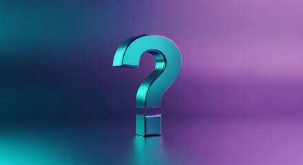 Metallic turquoise question mark in a vibrant purple and blue gradient, representing inquiry, uncertainty, or seeking information, perfect for education.