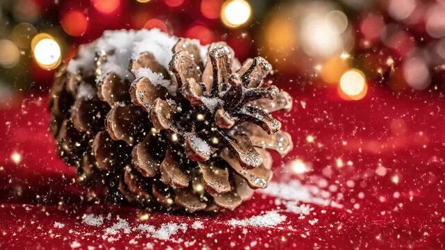 Festive Pine Cone in Snow - A glittery pine cone sits on a red surface, partially covered in snow. Bokeh lights and falling snowflakes add to the festive Christmas atmosphere.