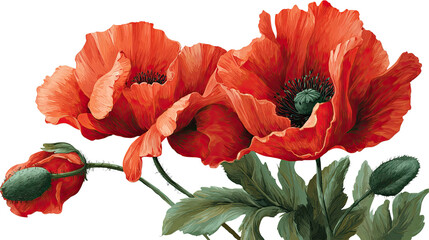 Detailed illustration of vibrant red poppy flowers blooming in graceful botanical arrangement, beautifully rendered and isolated on white background
