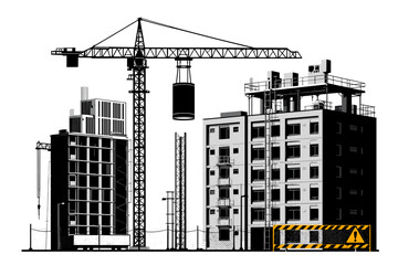 Fototapeta premium Dynamic construction site illustration with modern buildings and towering crane in black and white tones