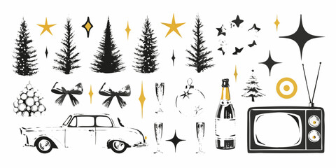 Retro christmas and new year celebration elements with trees and champagne