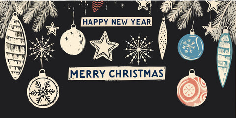 Hand drawn merry christmas and happy new year holiday card design