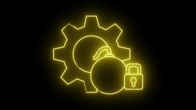 Yellow neon outlines show a gear a bomb and a padlock on a black background