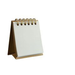 A blank desk calendar with a golden spiral binding isolated on transparent background
